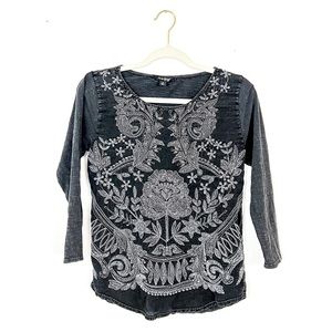 Lucky Brand Dark Grey 3/4 Elbow Length Top with Boho Detail • Size Small